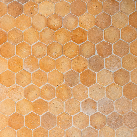 Tomette hexagonale claire en terre cuite naturelle 15 x 15 cm posée au sol avec joints clairs.