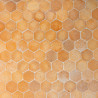 Tomette hexagonale claire en terre cuite naturelle 15 x 15 cm posée au sol avec joints clairs.