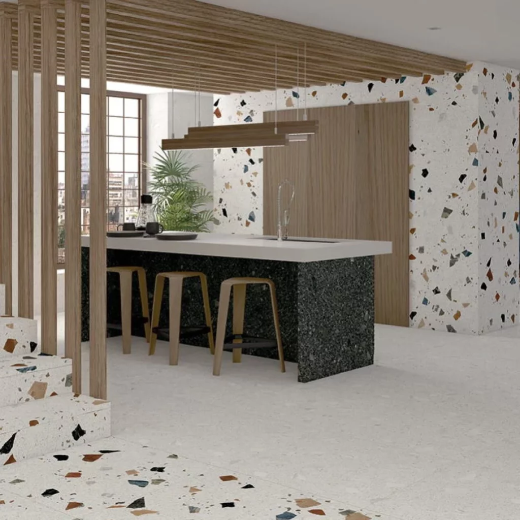 motif terrazzo au mur et au sol cuisine design