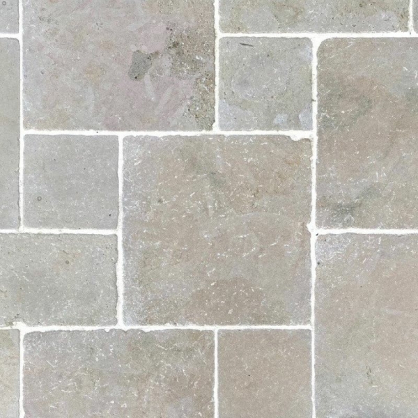 Dallage bâtisse vieilli clair Opus vue zoomée Dallage bâtisse vieilli clair Opus avec des joints blanc
