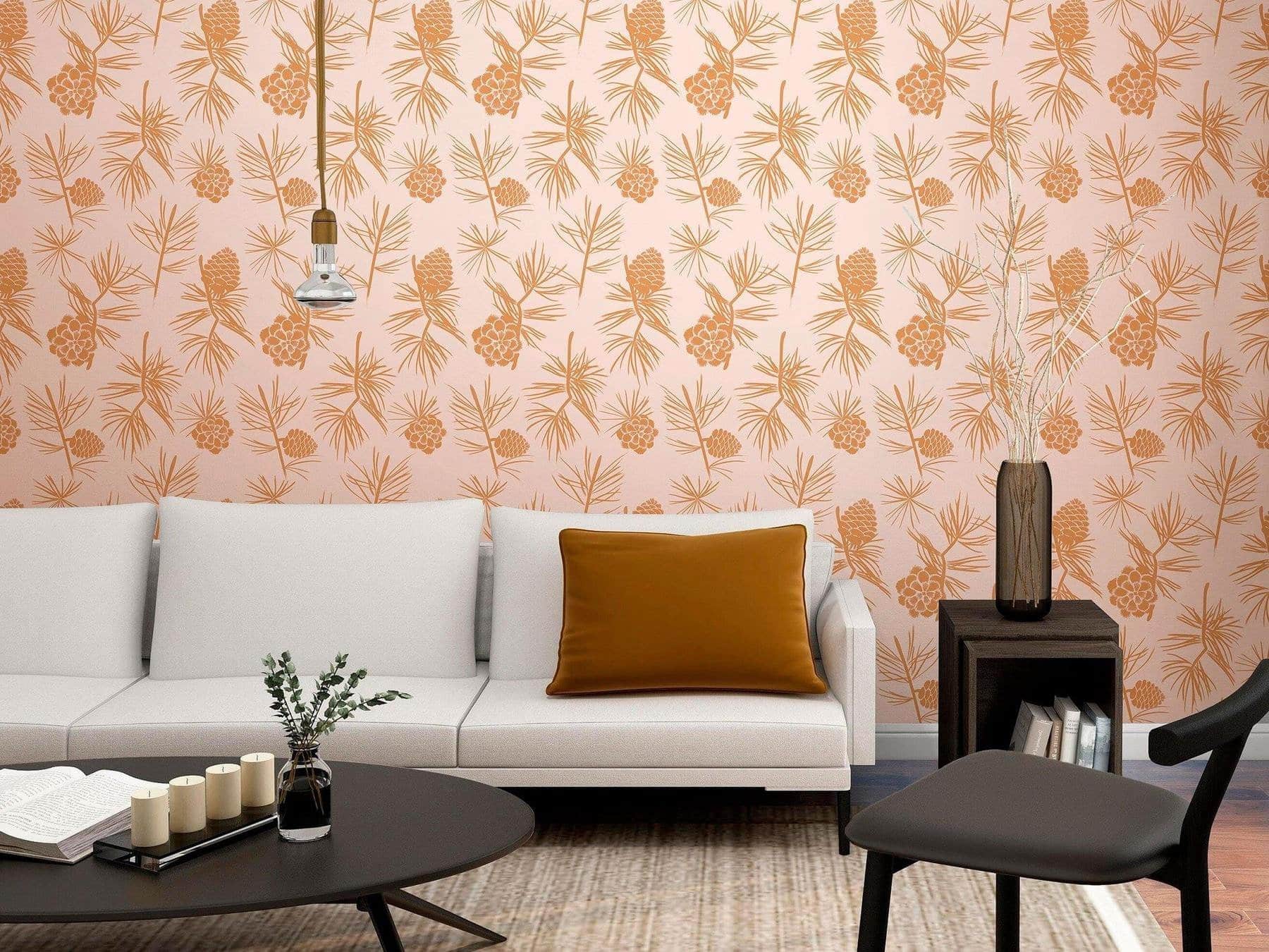 Papier peint floral Simone - Beige rosé & Ocre doré (Format: Rouleau)