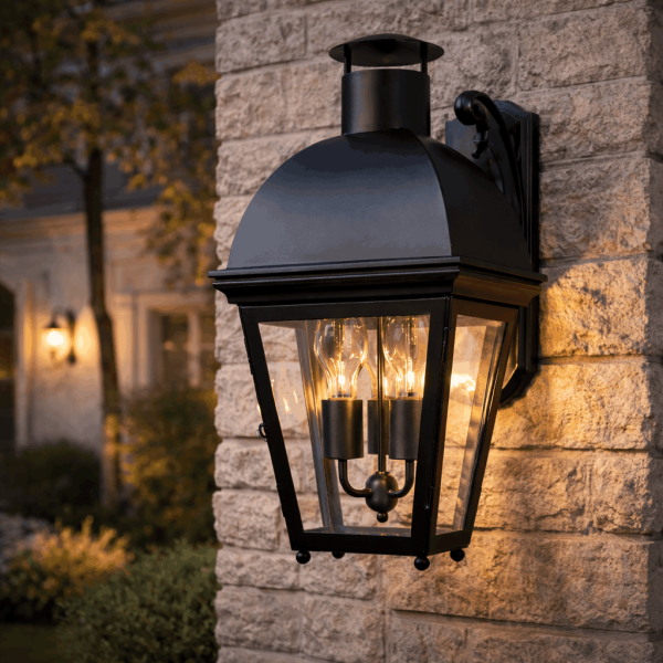 lanterne murale trois feux installée sur façade en pierre