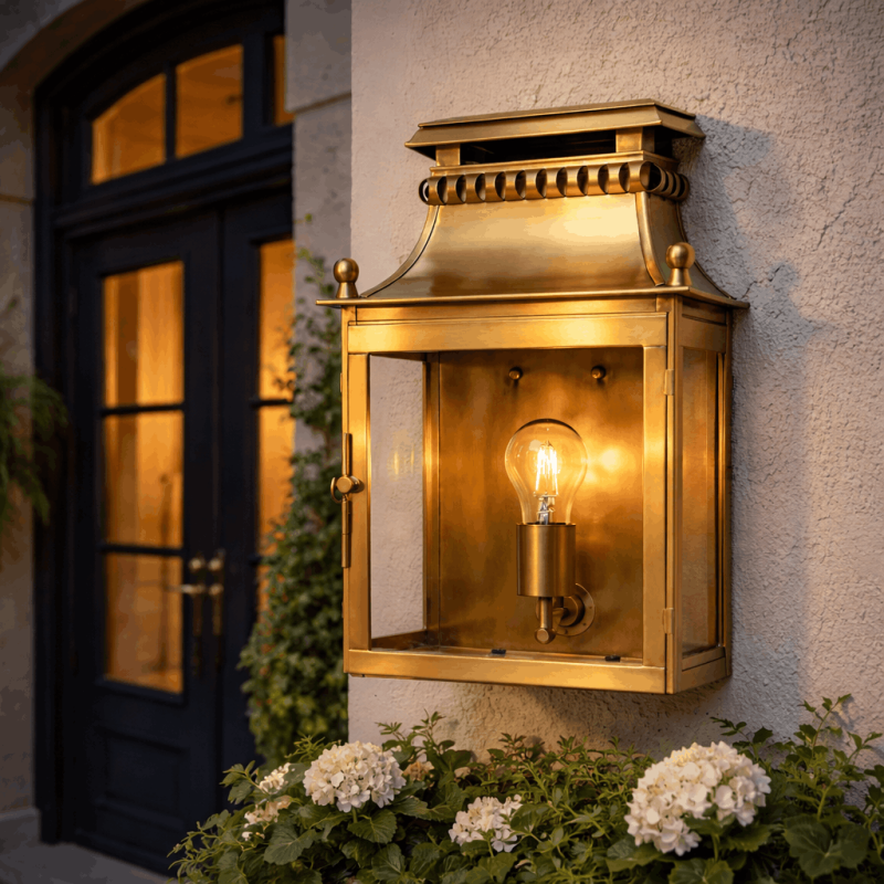 lanterne murale La Muette en laiton doré installée sur façade extérieure