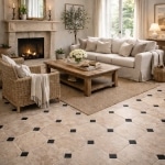 dallage a cabochons en travertin avec cabochons vulcano black