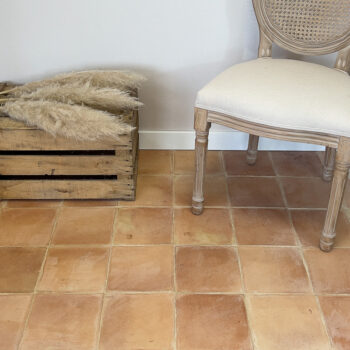 Tomette carree moulee main rosee 20x20x2 dans un salon