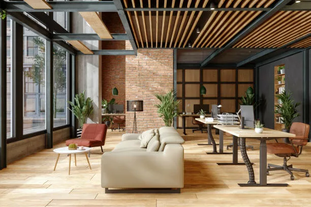 bureau moderne avec un mur en parement brique