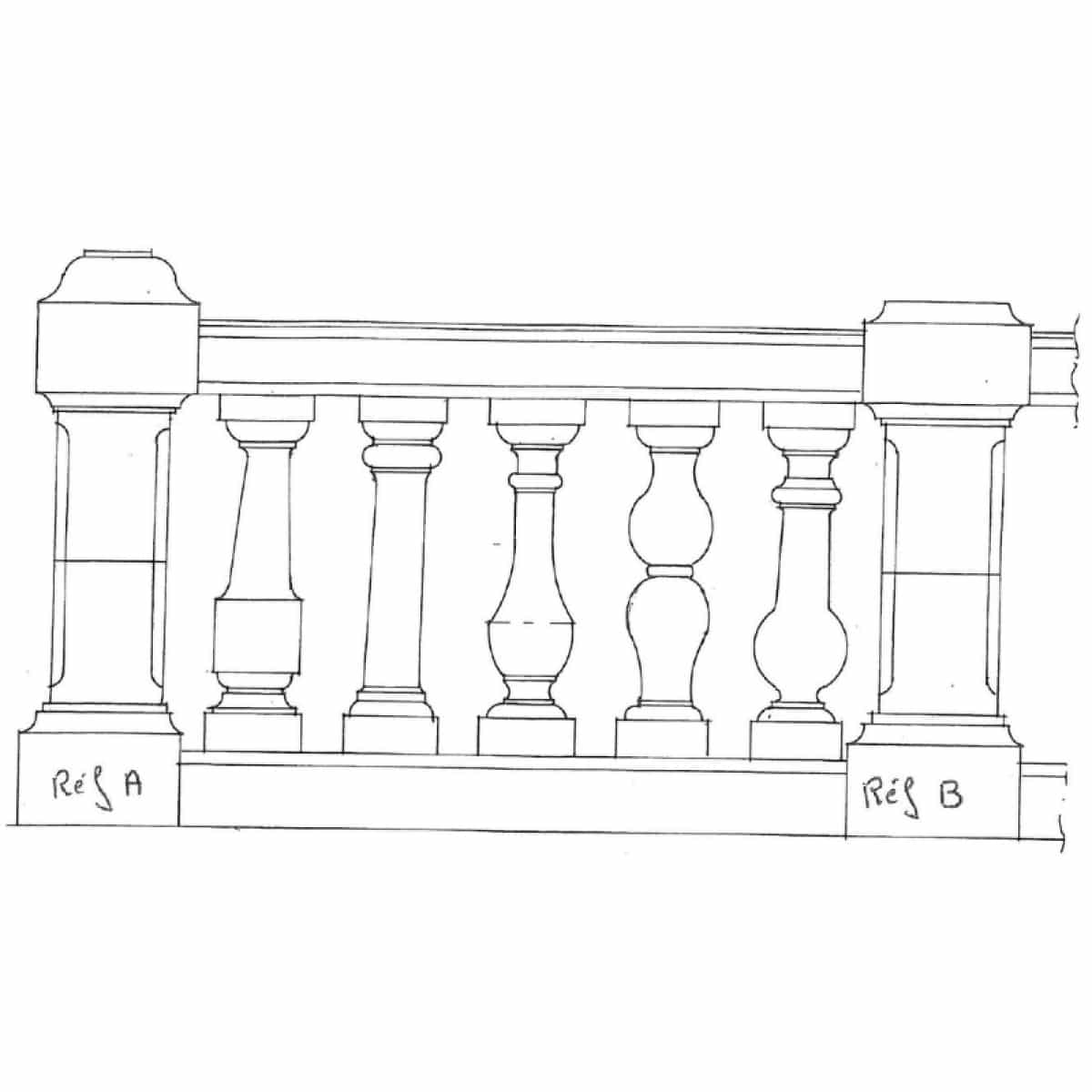 Plan d'une balustrade en pierre naturelle avec 5 balustres et 2 piliers