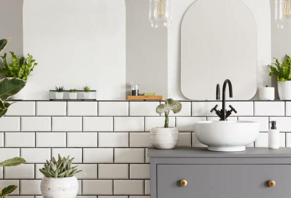 salle de bain avec une crédence blanche