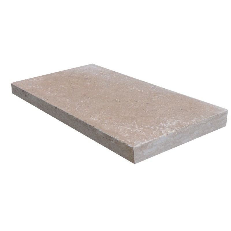 Margelle bords demi rond ou droit en pierre naturelle calcaire finition vieillie (Dimensions: 60 cm x 33 cm x 5 cm, Bord: Droit)