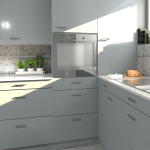 Mosaïque travertin effet carreaux de ciment patchwork blanc gris dans une cuisine