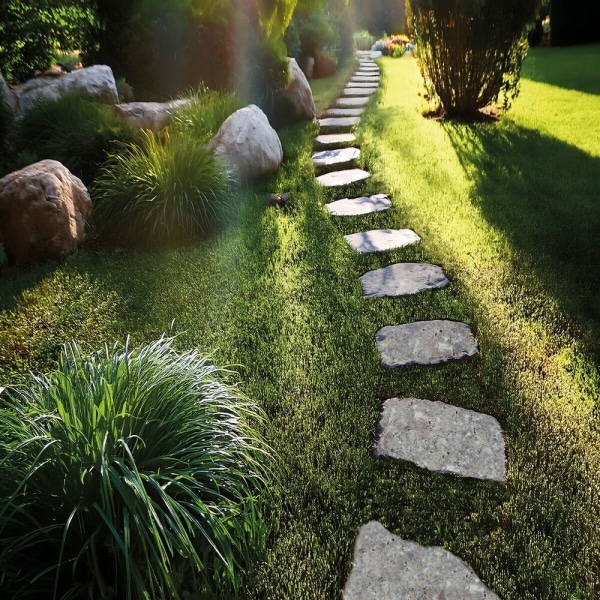 Pas japonais en travertin silver allée jardin vert